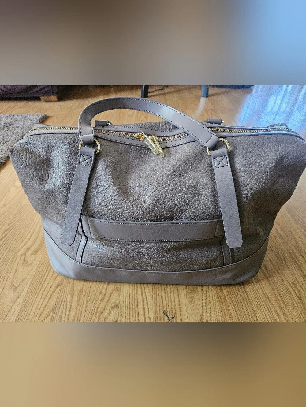 DKNY Gray Pebbled Leather weekender Duffel with Striped Detachable Strap